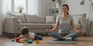 Parent practicing mindfulness with child nearby, fostering peace.