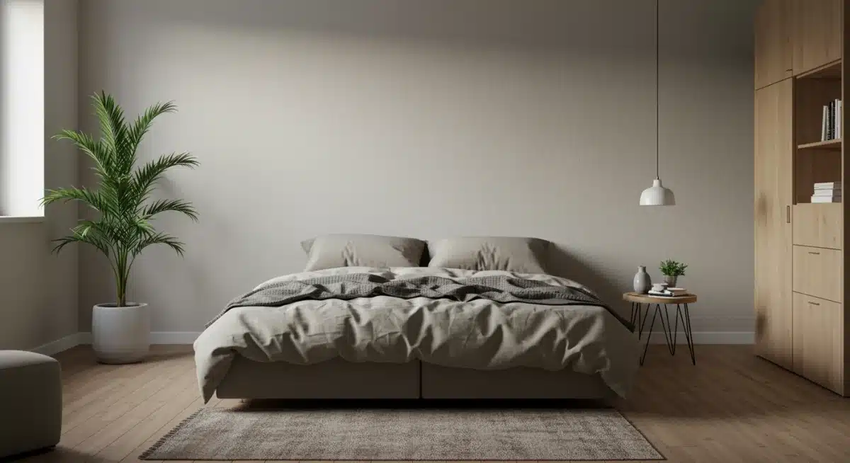 Minimalist bedroom with muted tones and organic linens for relaxation