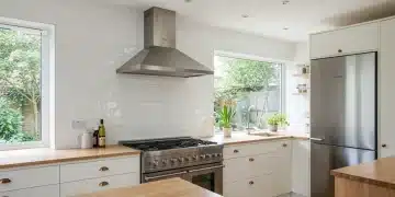 Modern kitchen with white subway tile backsplash