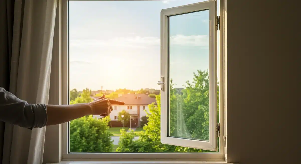 Person opening window for fresh air and natural ventilation