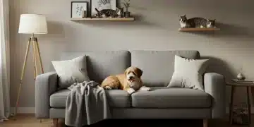 Living room with dog on sofa and cat on shelf, showcasing pet-friendly home upgrades.