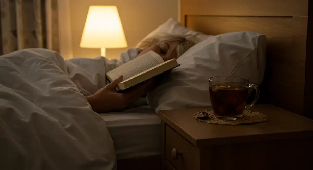Person reading a book with herbal tea, practicing a relaxing pre-sleep ritual.
