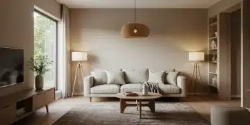 Serene living room with natural elements and soft lighting for stress relief