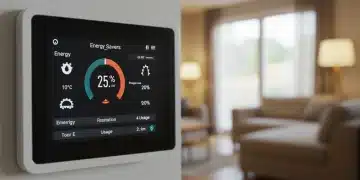 Smart thermostat displaying energy savings in a modern living room