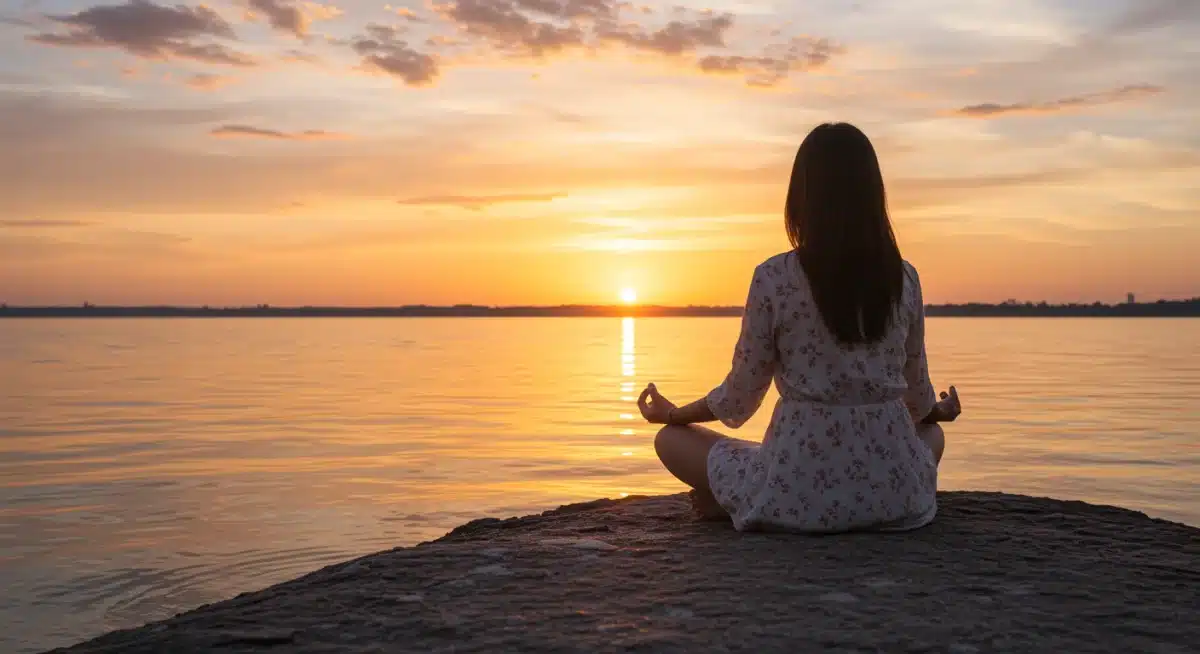 Sunrise over a lake with a meditating figure, representing peace and new perspectives.