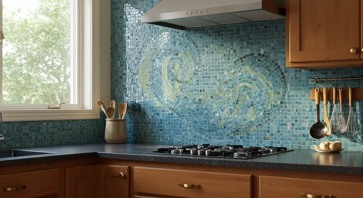 Kitchen with vibrant mosaic tile backsplash