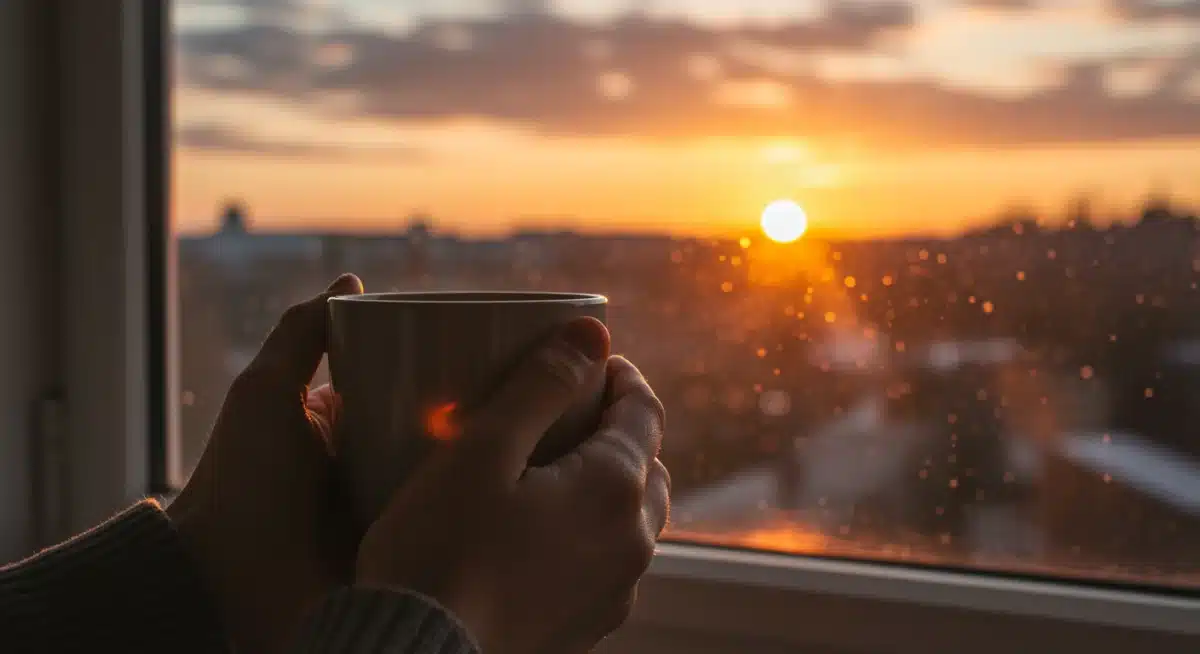 Hands holding a warm mug, enjoying a sunrise, representing a calm morning ritual.