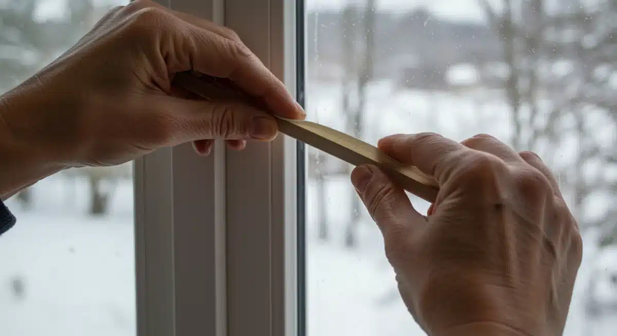 Hands applying weatherstripping to a window to prevent drafts