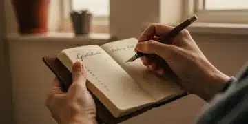 Hands writing a gratitude list in a notebook with a pen, surrounded by a peaceful aura.